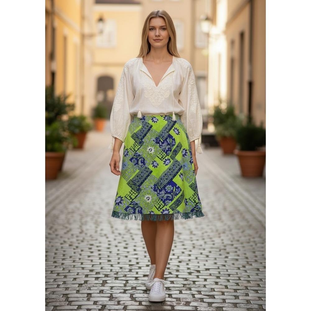 Tribeca Studio Lime Green Floral Patchwork Beaded Fringe A-Line Skirt‎ Size 4